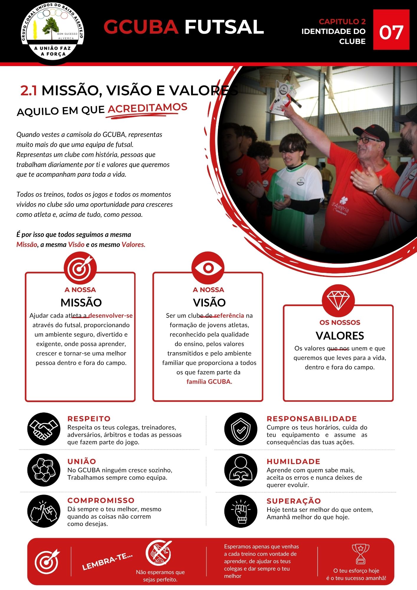 Página do Manual do Atleta com a missão, visão e valores do GCUBA e uma fotografia da família do clube